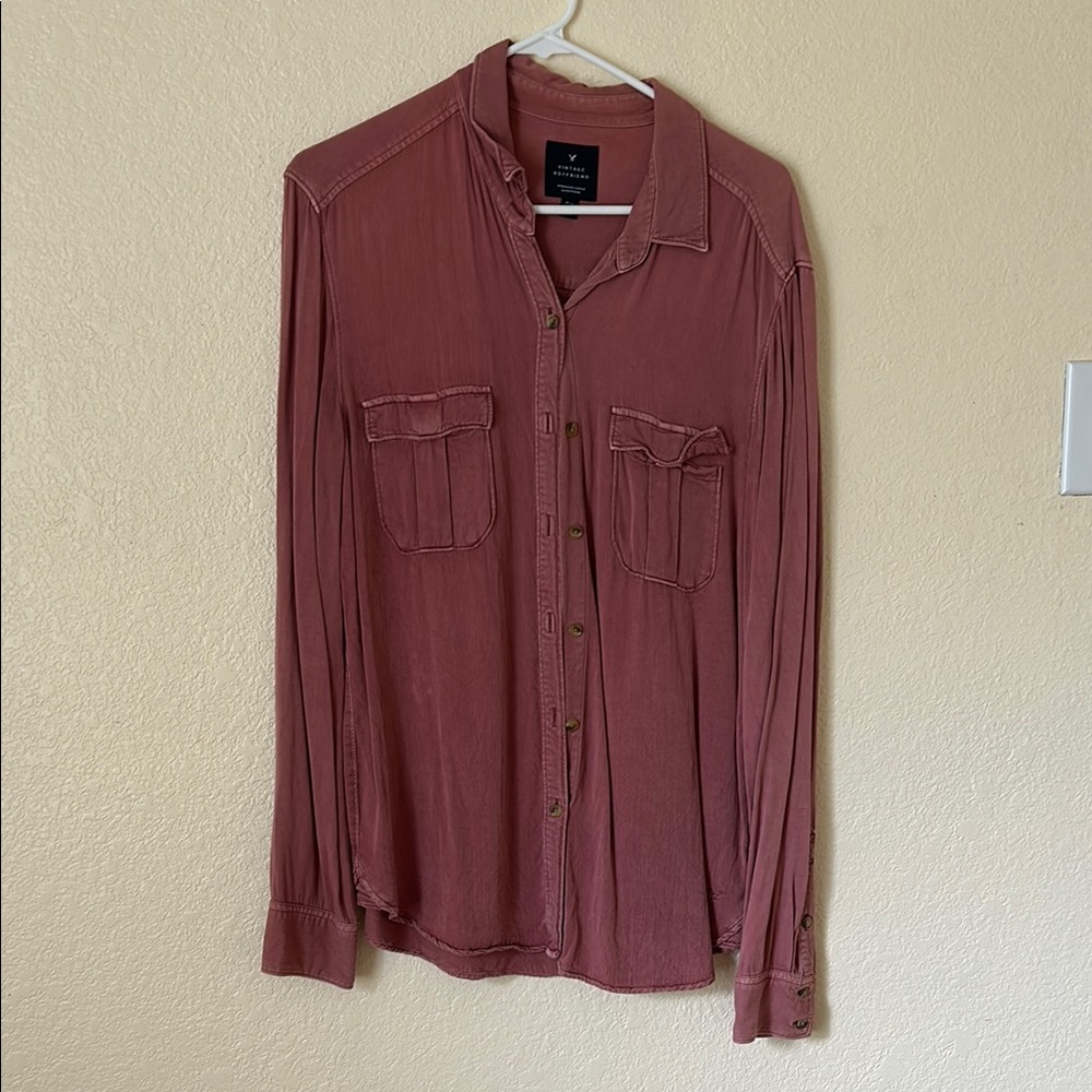 American Eagle Outfitters Women's Boyfriend Button Down Shirt - Dusty Rose